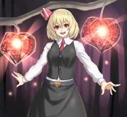 Rule 34 | 1girl, :d, blonde hair, chinese lantern (plant), embodiment of scarlet devil, female focus, houtengeki, aged up, open mouth, red eyes, rumia, short hair, smile, solo, touhou