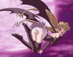 Rule 34 | 1girl, ass, bat wings, boots, brown hair, butt crack, cameltoe, cleft of venus, detached sleeves, elbow gloves, fangs, flying, gloves, long hair, moon, night, pachira, panties, pantyshot, pointy ears, red eyes, red moon, renkin san-kyuu magical pokaan, solo, thigh boots, thighhighs, tofu (tf07px), twintails, underwear, upskirt, vampire, wings