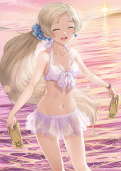 Rule 34 | 1girl, :d, ^ ^, bare arms, bare shoulders, bikini, bikini skirt, blush, breasts, brown footwear, brown hair, cleavage, closed eyes, cloud, cloudy sky, collarbone, commentary request, earrings, closed eyes, facing viewer, glint, handa roco, holding clothes, holding footwear, horizon, idolmaster, idolmaster million live!, jewelry, long hair, medium breasts, miri (ago550421), navel, open mouth, round teeth, sandals, unworn sandals, see-through, signature, sky, smile, solo, standing, sun, sunlight, sunset, swimsuit, teeth, upper teeth only, very long hair, water, white bikini
