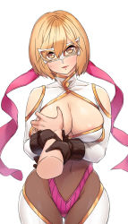 Rule 34 | 10s, 1girl, absurdres, blonde hair, bob cut, grabbing another&#039;s breast, breasts, brown eyes, cleavage, covered navel, curvy, disembodied hand, djeeta (granblue fantasy), domino mask, grabbing, granblue fantasy, guided breast grab, guiding hand, highres, large breasts, looking at viewer, luchador (granblue fantasy), mask, naidong (artist), parted lips, pov, pov hands, short hair, simple background, solo focus, white background, wide hips, wrestling outfit