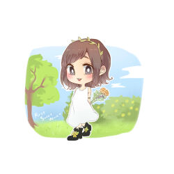 Rule 34 | 1girl, :3, armlet, black footwear, blush, breasts, brown eyes, brown hair, chibi, collarbone, commentary request, dress, flower, head wreath, highres, holding, holding flower, kashikaze, kusuda aina, long hair, looking at viewer, medium breasts, open mouth, outdoors, outline, real life, sidelocks, sleeveless, sleeveless dress, smile, solo, teeth, upper teeth only, voice actor, white dress, white outline