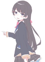 Rule 34 | 1girl, :d, black hair, black jacket, black skirt, blazer, blue eyes, blush, bow, braid, brown sweater, from side, hair ornament, hairclip, highres, jacket, long hair, long sleeves, looking at viewer, looking to the side, nijisanji, open mouth, pink bow, pointing, school uniform, simple background, skirt, sleeves past wrists, smile, smug, solo, sweater, tadanoshi kabane, tsukino mito, tsukino mito (1st costume), very long hair, virtual youtuber, white background