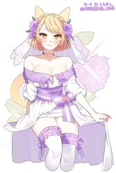 Rule 34 | 1girl, :3, animal ears, asymmetrical bangs, bare shoulders, blonde hair, blush, bob cut, bow, braid, breasts, cat ears, cat tail, choker, cleavage, closed mouth, cropped legs, crown braid, dress, eyelashes, facial mark, final fantasy, final fantasy xiv, floral background, flower, frilled thighhighs, frills, hair flower, hair ornament, highres, invisible chair, iso1206, large breasts, looking at viewer, miqo&#039;te, off-shoulder dress, off shoulder, pinky out, purple bow, purple flower, purple ribbon, ribbon, sash, short dress, short hair, short sleeves, sitting, skirt hold, slit pupils, solo, sparkle, striped ribbon, swept bangs, tail, thighhighs, warrior of light (ff14), white background, white thighhighs, yellow eyes