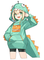 1girl, :d, amano pikamee, bangs, bike shorts, black shorts, blonde hair, blue hoodie, btraphen, commentary, cropped legs, drawstring, eyebrows visible through hair, fake tail, green eyes, green hair, hair between eyes, hand in pocket, hand up, highres, hood, hood up, hoodie, long sleeves, looking at viewer, multicolored hair, open mouth, puffy long sleeves, puffy sleeves, revision, sharp teeth, short shorts, shorts, simple background, smile, solo, streaked hair, tail, teeth, two-tone hair, virtual youtuber, voms, white background