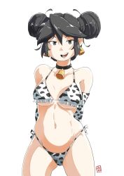 Rule 34 | 1girl, animal print, arms behind back, automatic giraffe, bell, bikini, black choker, black eyes, borrowed character, breasts, breasts apart, choker, cow print, cowboy shot, double bun, elbow gloves, gloves, hair bun, highres, looking at viewer, lucia (scott malin), medium breasts, navel, neck bell, open mouth, original, print bikini, print gloves, shadow, simple background, solo, standing, swimsuit, white background