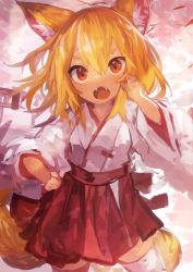 Rule 34 | 1girl, absurdres, animal ear fluff, animal ears, blonde hair, child, cowboy shot, dappled sunlight, fangs, fox ears, fox girl, fox tail, hakama, hakama skirt, hand on own hip, hand up, highres, japanese clothes, kaamin (mariarose753), looking at viewer, miko, no lineart, open mouth, original, outdoors, red eyes, sketch, skirt, solo, sunlight, tail, thighhighs, torii, tree, white thighhighs, wind, zettai ryouiki