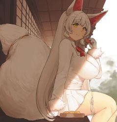 Rule 34 | 1girl, animal ears, bad id, bad pixiv id, blazer, breasts, closed mouth, commentary request, day, food, fox ears, fox girl, fox tail, from side, fur trim, gloves, holding, holding food, jacket, kemono friends, large breasts, large tail, light smile, long hair, long sleeves, looking at viewer, miniskirt, mogu (kanikama mgmg), oinari-sama (kemono friends), outdoors, revision, sitting, skirt, solo, tail, very long hair, white gloves, white hair, white skirt, yellow eyes