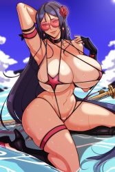 Rule 34 | 1girl, absurdres, alecto 0, bare shoulders, beach, black gloves, blue sky, breasts, choker, cleavage, collarbone, earrings, elbow gloves, fate/grand order, fate (series), fingerless gloves, flower, gloves, hair flower, hair ornament, highres, huge breasts, jewelry, katana, long hair, looking at viewer, mature female, minamoto no raikou (fate), navel, one-piece swimsuit, parted bangs, pink one-piece swimsuit, purple eyes, purple hair, single glove, sitting, skindentation, sky, slingshot swimsuit, smile, solo, sunglasses, swimsuit, sword, very long hair, wariza, weapon