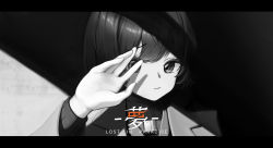 Rule 34 | 1other, absurdres, androgynous, dong ji, greyscale, highres, jacket, letterboxed, monochrome, original, portrait, shade, short hair, smile, solo, turtleneck