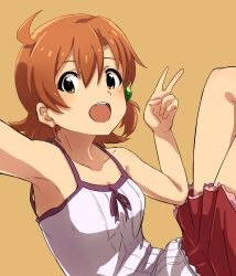 Rule 34 | 1girl, absurdres, ahoge, armpits, bare shoulders, blush, breasts, brown background, brown eyes, brown hair, cleavage, collarbone, from side, hair bobbles, hair ornament, hands up, highres, idolmaster, idolmaster million live!, idolmaster million live! theater days, knees up, looking at viewer, miniskirt, moyashi tomozuku, open mouth, pleated skirt, purple trim, red skirt, shirt, short hair, simple background, skirt, sleeveless, sleeveless shirt, small breasts, smile, solo, teeth, upper teeth only, v, white shirt, yabuki kana