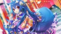 Rule 34 | 1girl, :d, animal ear fluff, animal ears, blue hair, commentary request, day, fang, floral print, flower, fox ears, fox girl, fox tail, hair between eyes, hair flower, hair ornament, highres, japanese clothes, kimono, lantern, long hair, long sleeves, looking at viewer, looking to the side, multiple torii, open mouth, original, outdoors, paper lantern, petals, ponytail, print kimono, purple eyes, purple kimono, saeki touma, sleeves past wrists, smile, solo, tail, torii, very long hair, white flower, wide sleeves