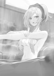 Rule 34 | 1girl, alexia midgar, blurry, blurry background, breasts, greyscale, hair censor, hair over breasts, highres, kage no jitsuryokusha ni naritakute!, medium breasts, monochrome, navel, novel illustration, official art, onsen, open mouth, partially submerged, princess, short hair with long locks, sidelocks, solo, swept bangs, touzai, upper body