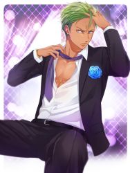 Rule 34 | 1boy, belt, blue flower, blue rose, dark-skinned male, dark skin, dress shirt, earrings, flower, formal, green hair, hand in own hair, highres, jewelry, king of prism, king of prism by prettyrhythm, looking at viewer, male focus, necktie, pectoral cleavage, pectorals, pretty rhythm, pretty series, purple eyes, rose, shirt, sitting, solo, sparkle, spread legs, suit, undressing, yamato alexander, yuna (yuna plus)