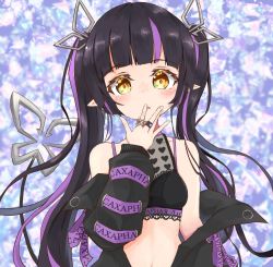 Rule 34 | 1girl, abstract background, black hair, black jacket, blunt bangs, blush, breasts, cleavage, commentary request, crop top, demon girl, demon horns, demon tail, denshigomi, heart, heart print, horns, jacket, jewelry, kojo anna, kojo anna (1st costume), long hair, long sleeves, looking at viewer, medium breasts, midriff, multicolored hair, nanashi inc., navel, off shoulder, open clothes, open jacket, open mouth, pointy ears, purple background, purple hair, ring, russian text, see-through, see-through cleavage, solo, sugar lyric, tail, twintails, two-tone hair, upper body, virtual youtuber, yellow eyes