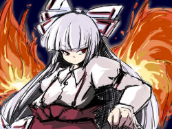 Rule 34 | 1girl, bow, coo (coonekocoo), female focus, fire, fujiwara no mokou, gradient background, hair bow, long hair, red eyes, solo, suspenders, touhou, upper body, white hair, wings