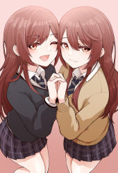 Rule 34 | 2girls, :3, absurdres, beige sweater, blue neckwear, brown eyes, brown hair, collared shirt, from above, gradient background, grey jacket, hair between eyes, highres, holding hands, idolmaster, idolmaster shiny colors, jacket, long hair, looking at viewer, multiple girls, one eye closed, open mouth, osaki amana, osaki tenka, own hands together, plaid, plaid skirt, pleated skirt, school uniform, shirt, siblings, sidelocks, sisters, skirt, standing, straight hair, striped neckwear, tokufumi, twins, white shirt