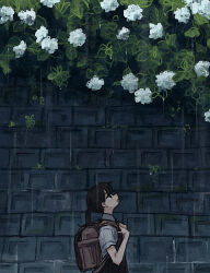 Rule 34 | 1girl, absurdres, backpack, bag, black eyes, black hair, commentary request, flower, from side, highres, hydrangea, looking up, open mouth, original, outdoors, plant, ponytail, rain, randoseru, shirt, short sleeves, solo, uniunimikan, white flower