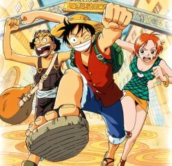 Rule 34 | 1girl, 2boys, black hair, breasts, carrying bag, cleavage, day, friends, goggles, goggles on head, grin, hat, legs, long nose, looking at another, looking at viewer, medium breasts, monkey d. luffy, multiple boys, nami (one piece), official art, one eye closed, one piece, open mouth, orange hair, overalls, running, skirt, smile, straw hat, upskirt, usopp