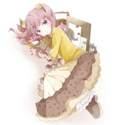 Rule 34 | 1girl, animal, bad id, bad pixiv id, basket, blush, brown footwear, brown hair, brown skirt, closed mouth, floral print, full body, hair ornament, hedgehog, highres, leaf, long hair, long sleeves, looking at viewer, looking to the side, lying, mushroom, on side, original, painting (object), pout, print skirt, purple eyes, rose print, shirt, shoes, simple background, skirt, solo, stuffed animal, stuffed toy, teddy bear, tsukiyo (skymint), white background, yellow shirt