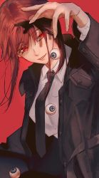 Rule 34 | 1girl, 2 blankk, black coat, black necktie, braid, braided ponytail, breasts, chainsaw man, coat, collared shirt, commentary, dress shirt, dropping, english commentary, eyeball, eyes visible through hair, formal, hair between eyes, highres, lips, long hair, makima (chainsaw man), necktie, open clothes, open coat, parted lips, red background, red eyes, red hair, ringed eyes, shirt, sidelocks, simple background, small breasts, smile, solo, upper body, white shirt, wing collar