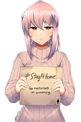 Rule 34 | 1girl, absurdres, arrow (symbol), box, bright pupils, cardboard box, closed mouth, commentary, dated, english commentary, english text, grey sweater, hashtag, highres, holding, holding sign, jitome, light frown, looking at viewer, original, pink hair, ponytail, red eyes, ribbed sweater, sign, signature, simple background, solo, stay at home, suraya (z666ful), sweater, white background, z666ful