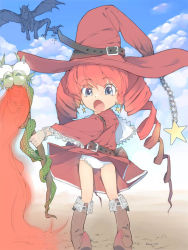 Rule 34 | 1girl, akinbo (hyouka fuyou), bad id, bad pixiv id, belt, blue eyes, boots, breath weapon, breathing fire, brown footwear, dragon, dress, drill hair, female focus, fire, hat, magic staff, panties, pixiv fantasia, pixiv fantasia 1, red dress, red hair, red hat, solo, thigh gap, thighs, twin drills, underwear, upskirt, white panties, witch, witch hat
