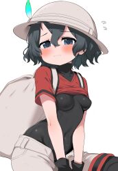 Rule 34 | 1girl, black gloves, black hair, black one-piece swimsuit, blue eyes, blush, breasts, closed mouth, covered navel, embarrassed, gloves, hat, highres, kaban (kemono friends), kemono friends, looking at viewer, one-piece swimsuit, ransusan, red shirt, shirt, short hair, simple background, small breasts, solo, swimsuit, white background