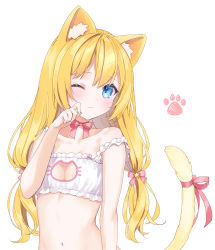 Rule 34 | 1girl, animal ears, bare shoulders, blonde hair, blue eyes, blush, bra, breasts, cat cutout, cat ears, cat lingerie, cat tail, choker, cleavage cutout, clothing cutout, collarbone, hair ribbon, hand up, highres, long hair, looking at viewer, low twintails, meme attire, navel, off shoulder, one eye closed, original, paw print, ribbon, ribbon choker, rimo, simple background, small breasts, solo, stomach, strap slip, tail, tail ornament, tail raised, tail ribbon, twintails, underwear, underwear only, upper body, white background, white bra