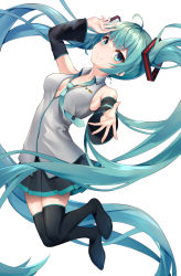 Rule 34 | absurdly long hair, absurdres, ahoge, aqua eyes, aqua hair, aqua necktie, bare shoulders, black skirt, black thighhighs, boots, breasts, breasts apart, cleavage, closed mouth, collarbone, collared shirt, detached sleeves, floating hair, grey shirt, hatsune miku, highres, jumping, kounotori, long hair, looking at viewer, loose necktie, medium breasts, miniskirt, necktie, partially unzipped, pleated skirt, project sekai, reaching, reaching towards viewer, shirt, sideboob, simple background, skindentation, skirt, sleeveless, sleeveless shirt, smile, thigh boots, thighhighs, twintails, very long hair, vocaloid, white background, wing collar, zettai ryouiki, zipper pull tab