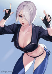 Rule 34 | 1girl, absurdres, angel (kof), arms up, artist name, blue eyes, bra, breasts, chaps, cleavage, collarbone, commentary request, cropped jacket, horns pose, fingerless gloves, gloves, hair over one eye, highres, horns pose, index fingers raised, jacket, kagematsuri, large breasts, leaning forward, leather, leather jacket, looking at viewer, one eye covered, open mouth, short hair, snk, solo, standing, strapless, strapless bra, the king of fighters, the king of fighters xiv, toned, underwear, white hair