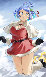 Rule 34 | 1girl, absurdres, belt, black belt, black footwear, black gloves, blue eyes, blue hair, blue sky, boku no hero academia, breasts, bright pupils, capelet, cleavage, cloud, commentary request, dress, earmuffs, fengling (furin-jp), gloves, hadou nejire, highres, large breasts, long sleeves, red dress, shoes, short hair, sky, solo, thighs, white capelet, white pupils