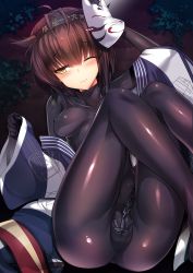 Rule 34 | 10s, 1girl, anchor, black pantyhose, bodysuit, breasts, cameltoe, covered erect nipples, fox mask, hair flaps, hairband, hatsuzuki (kancolle), highres, japanese clothes, kantai collection, kimono, looking away, mask, one eye closed, pantyhose, shiny clothes, short hair, silly (marinkomoe), small breasts, smile, solo, yukata