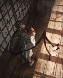 Rule 34 | 1girl, bad id, bad pixiv id, barefoot, blood, blood stain, blue kimono, blue sash, blurry, blurry foreground, cup, dark, depth of field, from above, from behind, green hair, grey eyes, highres, holding, holding tray, japanese clothes, kimono, light, long hair, looking back, obi, original, overgrown, ringed eyes, sash, shade, shichigatsu, shouji, sliding doors, solo, standing, tray, twintails, very long hair, window shadow, wooden floor, yayoi (shichigatsu)