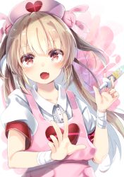 Rule 34 | &gt; &lt;, 1girl, apron, armband, center frills, collared shirt, commentary request, cyanomirahi, fang, fingernails, frills, hair between eyes, hair ornament, hands up, hat, heart, highres, holding, holding syringe, light brown hair, long hair, looking at viewer, nail polish, natori sana, nurse cap, open mouth, pink apron, pink hat, puffy short sleeves, puffy sleeves, rabbit hair ornament, red eyes, red nails, sana channel, shirt, short sleeves, solo, sparkle, syringe, twintails, two side up, very long hair, virtual youtuber, white shirt