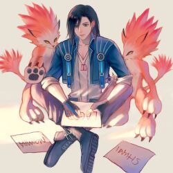 Rule 34 | 1boy, animal, black footwear, black gloves, black hair, blue jacket, boots, brown pants, character name, claws, collared jacket, commentary, cropped jacket, cross-laced footwear, crossed legs, dog tags, earrings, faniod, final fantasy, final fantasy viii, fingerless gloves, full body, gloves, green eyes, high collar, holding, holding paper, holding pen, hoop earrings, jacket, jewelry, lace-up boots, laguna loire, long hair, male focus, moomba, necklace, on floor, open clothes, open jacket, pants, paper, pawpads, pen, red fur, shirt, sitting, sleeves rolled up, standing, v-neck, white shirt, writing, yellow eyes