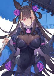 Rule 34 | 1girl, black dress, black hair, breasts, cone hair bun, covered navel, cowboy shot, double bun, dress, fate/grand order, fate (series), frills, gem, haijin, hair bun, holding, holding umbrella, impossible clothes, large breasts, light smile, long hair, looking at viewer, murasaki shikibu (fate), purple eyes, simple background, solo, umbrella, white background