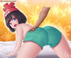 Rule 34 | 1girl, achromaru, all fours, artist name, ass, ass grab, beanie, bed sheet, black hair, blue eyes, breasts, censored, censored nipples, creatures (company), disembodied hand, female focus, from behind, game freak, green shorts, hat, looking at viewer, looking back, mosaic censoring, nintendo, open mouth, orange background, patreon logo, patreon username, poke ball theme, pokemon, pokemon sm, red hat, selene (pokemon), sheet grab, shiny skin, short hair, short shorts, shorts, signature, small breasts, solo, spread legs, teeth, topless, watermark, web address