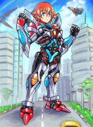 Rule 34 | 10s, 1boy, armor, blue eyes, blue sky, bodysuit, breastplate, cloud, cosplay, curtains, full body, gridman (ssss), gridman (ssss) (cosplay), gridman universe, hibiki yuuta, highres, looking at viewer, male focus, open mouth, outside border, red hair, short hair, sky, smile, solo, ssss.gridman