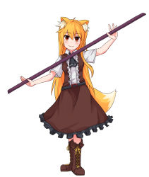 Rule 34 | 1girl, ahoge, alternate hair length, alternate hairstyle, animal ear fluff, animal ears, asymmetrical hair, belt, black belt, black necktie, blonde hair, blush, boots, breasts, brown footwear, brown skirt, brown vest, closed mouth, collared shirt, commentary request, cookie (touhou), cross-laced footwear, fox ears, fox girl, fox tail, frilled skirt, frills, full body, hair between eyes, highres, holding, holding pole, long hair, looking at viewer, miramikaru riran, necktie, pole, red eyes, shirt, short sleeves, sidelocks, simple background, skirt, small breasts, smile, solo, standing, tail, vest, white background, white shirt, yan pai