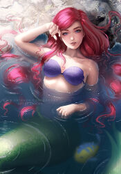 Rule 34 | 1girl, ariel (disney), artist name, blue eyes, commentary, english commentary, fish, flounder (the little mermaid), green tail, long hair, looking at viewer, mermaid, monster girl, partially submerged, red hair, the little mermaid, watermark, web address, zarory