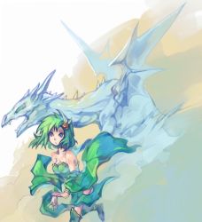 Rule 34 | 1990s (style), 1girl, bad anatomy, bad proportions, bare shoulders, blue eyes, boots, detached sleeves, dragon, final fantasy, final fantasy iv, green footwear, green hair, hair ornament, inadaokiki, mist dragon, aged up, poorly drawn, rydia (ff4)
