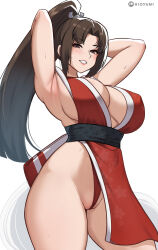 1girl armpits arms_up breasts brown_eyes brown_hair cleavage cowboy_shot fatal_fury grin hioyami large_breasts long_hair looking_at_viewer matching_hair/eyes ponytail pussy_juice shiranui_mai sideboob simple_background smile snk solo standing sweat the_king_of_fighters white_background