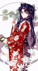 Rule 34 | 1girl, fate (series), japanese clothes, kimono, pen, standing, tohsaka rin, two side up, white background, yaoshi jun