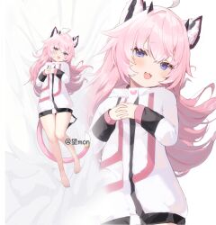 Rule 34 | 1girl, :d, animal ear fluff, animal ears, bare legs, barefoot, blue eyes, cat ears, cat girl, cat tail, fang, full body, highres, horns, jacket, long hair, long sleeves, looking at viewer, lying, no pants, on back, open mouth, original, pink hair, smile, tail, wangmon, white jacket