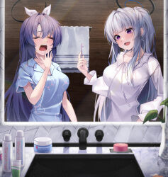 Rule 34 | 2girls, absurdres, blue archive, blue pajamas, blush, breasts, closed eyes, grey hair, halo, hidel, highres, holding, holding toothbrush, large breasts, long hair, long sleeves, mechanical halo, mirror, multiple girls, noa (blue archive), official alternate costume, open mouth, pajamas, purple eyes, purple hair, smile, soap, toothbrush, towel, white pajamas, yuuka (blue archive)