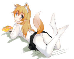 Rule 34 | 10s, 1girl, abenattou, animal ears, ass, bad id, bad pixiv id, blonde hair, blush, carpaccio (girls und panzer), chips (food), dog ears, dog tail, dress shirt, feet, food, girls und panzer, green eyes, hand on own face, kemonomimi mode, legs up, long hair, looking at viewer, looking back, lying, miniskirt, mouth hold, no shoes, on stomach, panties, panties under pantyhose, pantyhose, potato chips, shirt, skirt, solo, tail, underwear, white panties, white pantyhose, white shirt