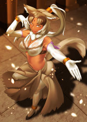 Rule 34 | 1girl, absurdres, animal ears, arms up, bare shoulders, breasts, brown hair, cleavage, dancing, dark-skinned female, dark skin, detached collar, elbow gloves, facial mark, fang, forehead mark, full body, fur collar, gloves, high ponytail, highres, indian wolf (kemono friends), jewelry, kawanami eito, kemono friends, large breasts, long hair, looking at viewer, multicolored hair, navel, open mouth, outstretched arm, outstretched hand, pantyhose, petals, sarong, see-through, shoes, skin fang, smile, solo, stomach, sweat, tail, tsurime, very long hair, wet, wet clothes, white hair, wolf ears, wolf girl, wolf tail