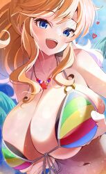 Rule 34 | 1girl, absurdres, bare shoulders, bikini, blonde hair, blue eyes, breasts, cleavage, cloud, cloudy sky, collarbone, heart, highres, huge breasts, idolmaster, idolmaster cinderella girls, idolmaster cinderella girls starlight stage, layered bikini, leaning forward, long hair, looking at viewer, multicolored bikini, multicolored clothes, o-ring, ohtsuki yui, outdoors, satoyama meu, sky, smile, striped bikini, striped clothes, swimsuit, upper body, wavy hair