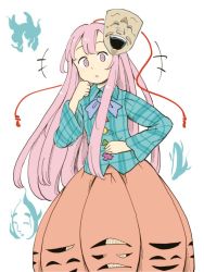 Rule 34 | +++, 1girl, blue bow, blue bowtie, blue shirt, bow, bowtie, chii-kun (seedyoulater), cowboy shot, expressionless, hand on own stomach, hata no kokoro, laughing, long hair, long sleeves, mask, mask on head, pink eyes, pink hair, pink skirt, plaid, plaid shirt, shirt, simple background, skirt, solo, touhou, white background