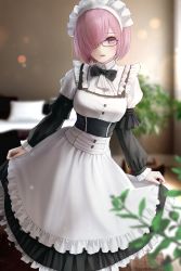 Rule 34 | 1girl, absurdres, alternate costume, aomaru (shta-chu-jisuiai), apron, black-framed eyewear, black bow, black dress, blurry, blurry background, bow, bowtie, buttons, commentary request, dress, enmaided, fate/grand order, fate (series), frilled dress, frills, glasses, hair over one eye, highres, indoors, juliet sleeves, light purple hair, long sleeves, looking at viewer, maid, maid headdress, mash kyrielight, one eye covered, puffy sleeves, purple eyes, short hair, skirt hold, solo, two-tone dress, waist apron, white apron, white dress